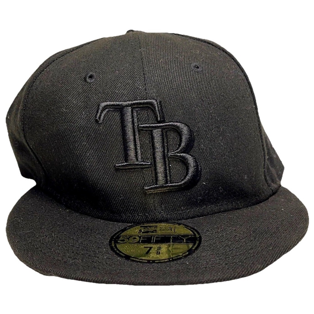Tampa Bay Rays Hat Cap Fitted 7 3/8 Double Black 59Fifty High Dome Plain Logo